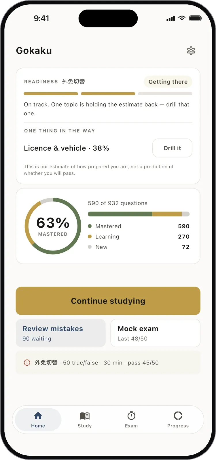 The Gokaku home screen — a readiness read-out for the exam being taken, the topic holding it back, and the mastery ring over the whole question bank