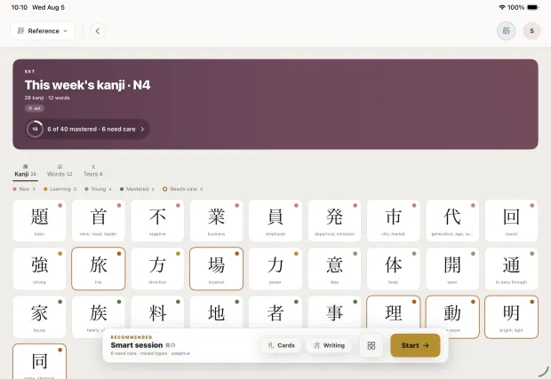 This week’s kanji set at N4 — twenty-eight characters, each marked with its memory stage, from new through learning, young and mastered to needs care