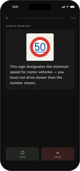 A true/false question showing a minimum-speed sign, with TRUE and FALSE buttons