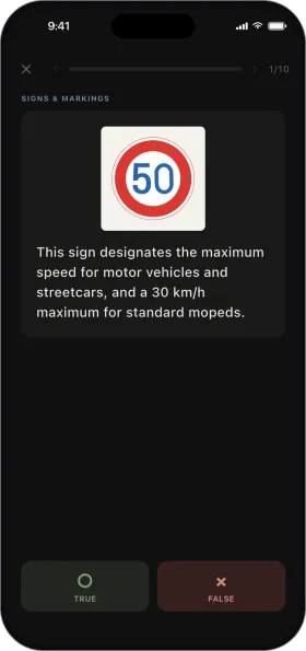A true/false question showing a speed limit sign, with TRUE and FALSE buttons