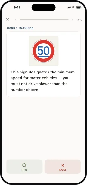 A true/false question showing a minimum-speed sign, with TRUE and FALSE buttons