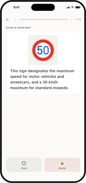 A true/false question showing a speed limit sign, with TRUE and FALSE buttons